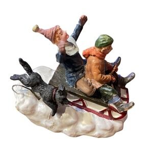 Lemax Christmas Village Town Downhill Fun 52030 Sledding With Dog Toboggan‎